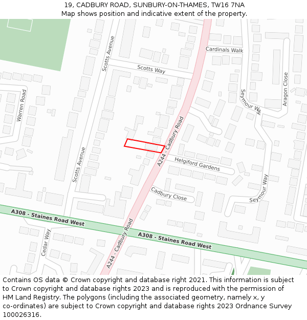 19, CADBURY ROAD, SUNBURY-ON-THAMES, TW16 7NA: Location map and indicative extent of plot