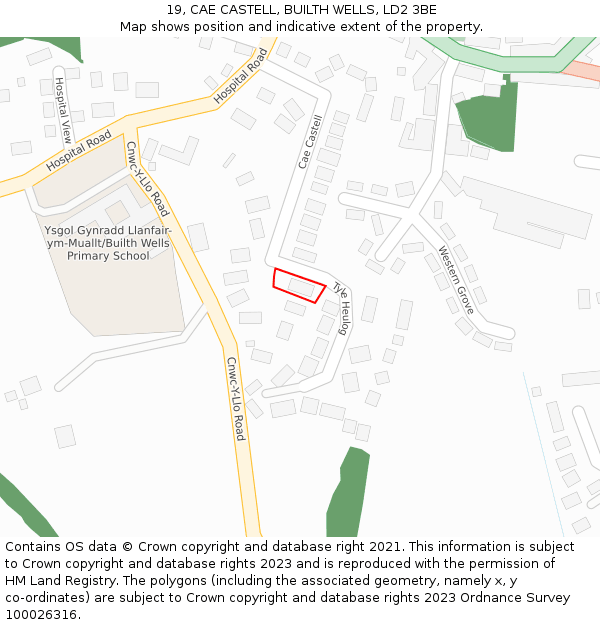 19, CAE CASTELL, BUILTH WELLS, LD2 3BE: Location map and indicative extent of plot