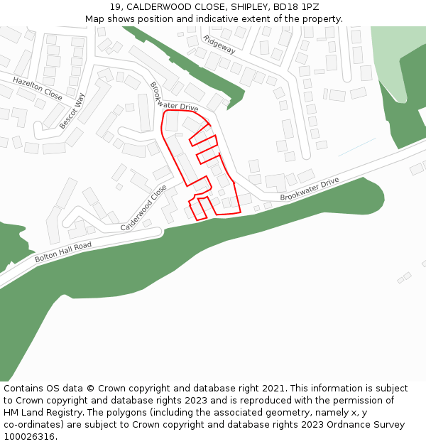 19, CALDERWOOD CLOSE, SHIPLEY, BD18 1PZ: Location map and indicative extent of plot