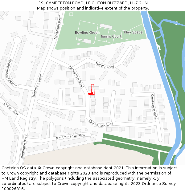 19, CAMBERTON ROAD, LEIGHTON BUZZARD, LU7 2UN: Location map and indicative extent of plot