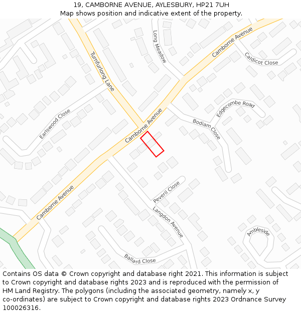 19, CAMBORNE AVENUE, AYLESBURY, HP21 7UH: Location map and indicative extent of plot