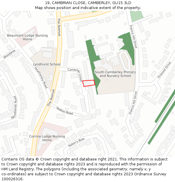 19, CAMBRIAN CLOSE, CAMBERLEY, GU15 3LD: Location map and indicative extent of plot