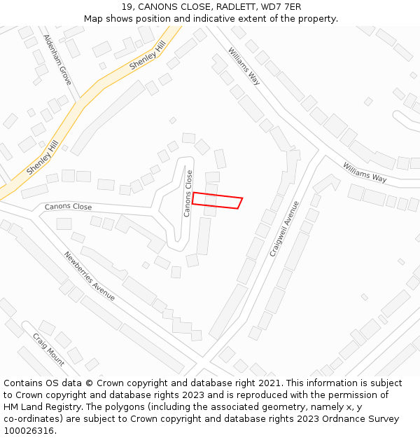 19, CANONS CLOSE, RADLETT, WD7 7ER: Location map and indicative extent of plot