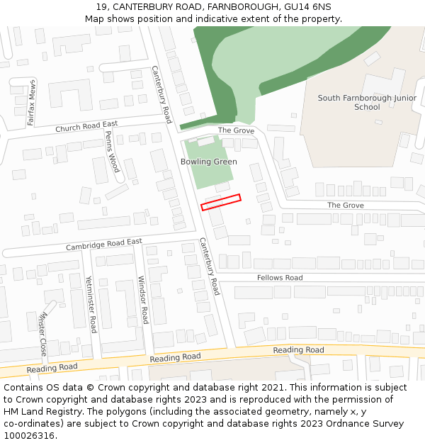 19, CANTERBURY ROAD, FARNBOROUGH, GU14 6NS: Location map and indicative extent of plot