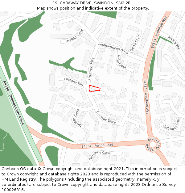 19, CARAWAY DRIVE, SWINDON, SN2 2RH: Location map and indicative extent of plot