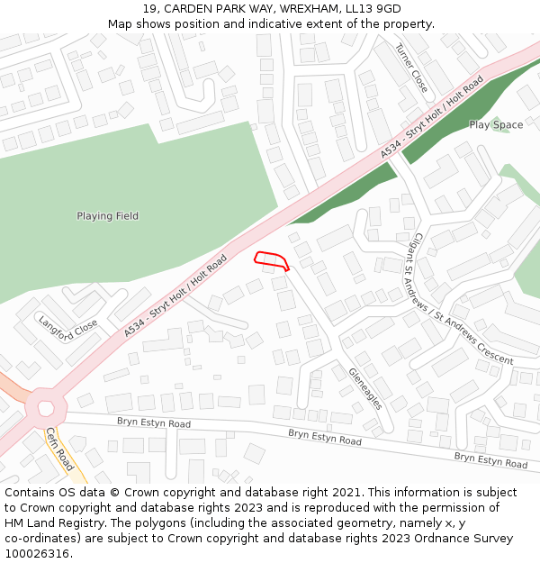 19, CARDEN PARK WAY, WREXHAM, LL13 9GD: Location map and indicative extent of plot