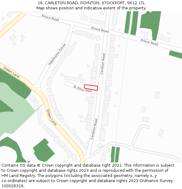 19, CARLETON ROAD, POYNTON, STOCKPORT, SK12 1TL: Location map and indicative extent of plot