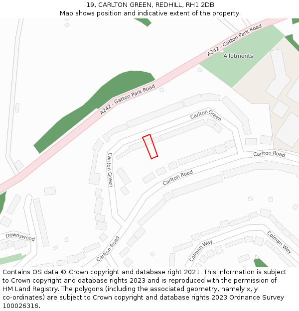 19, CARLTON GREEN, REDHILL, RH1 2DB: Location map and indicative extent of plot