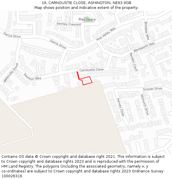 19, CARNOUSTIE CLOSE, ASHINGTON, NE63 9GB: Location map and indicative extent of plot