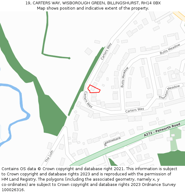 19, CARTERS WAY, WISBOROUGH GREEN, BILLINGSHURST, RH14 0BX: Location map and indicative extent of plot