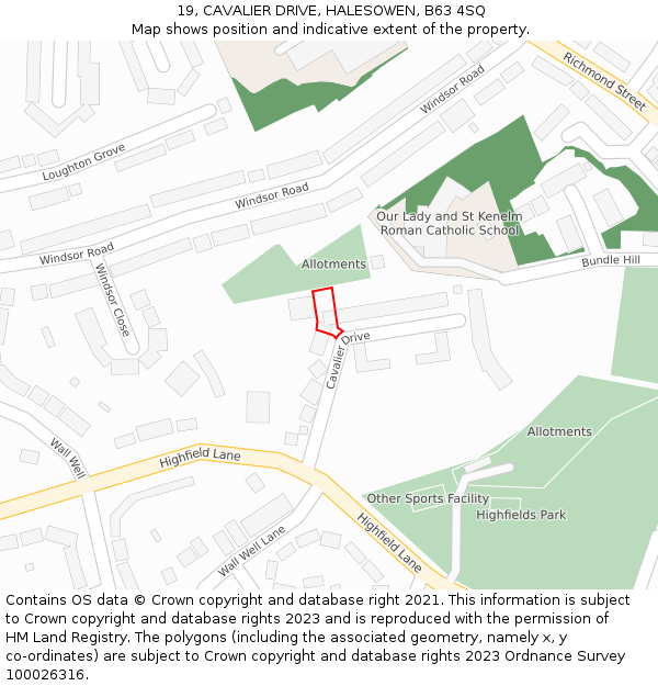 19, CAVALIER DRIVE, HALESOWEN, B63 4SQ: Location map and indicative extent of plot