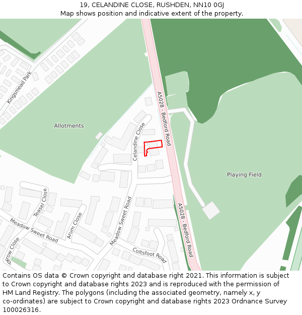 19, CELANDINE CLOSE, RUSHDEN, NN10 0GJ: Location map and indicative extent of plot