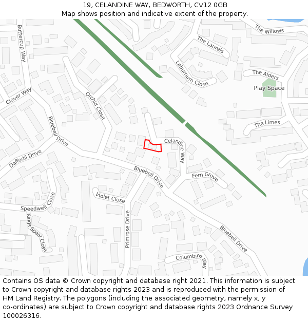 19, CELANDINE WAY, BEDWORTH, CV12 0GB: Location map and indicative extent of plot