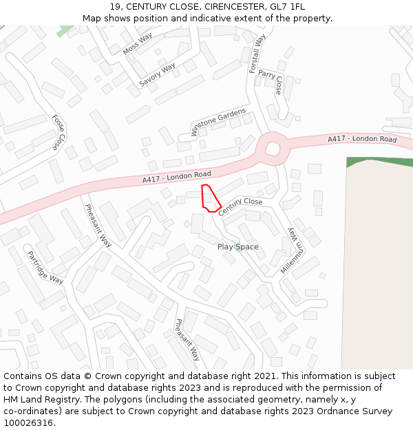 19, CENTURY CLOSE, CIRENCESTER, GL7 1FL: Location map and indicative extent of plot