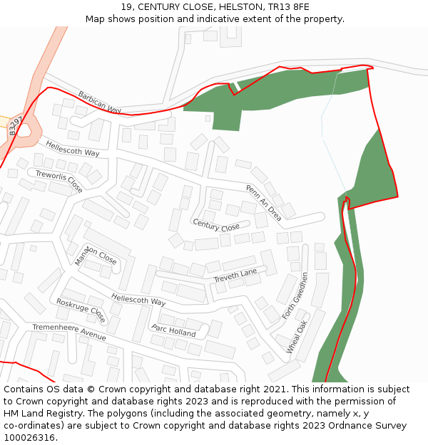 19, CENTURY CLOSE, HELSTON, TR13 8FE: Location map and indicative extent of plot