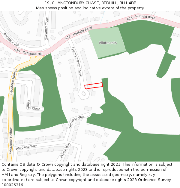 19, CHANCTONBURY CHASE, REDHILL, RH1 4BB: Location map and indicative extent of plot