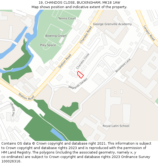 19, CHANDOS CLOSE, BUCKINGHAM, MK18 1AW: Location map and indicative extent of plot