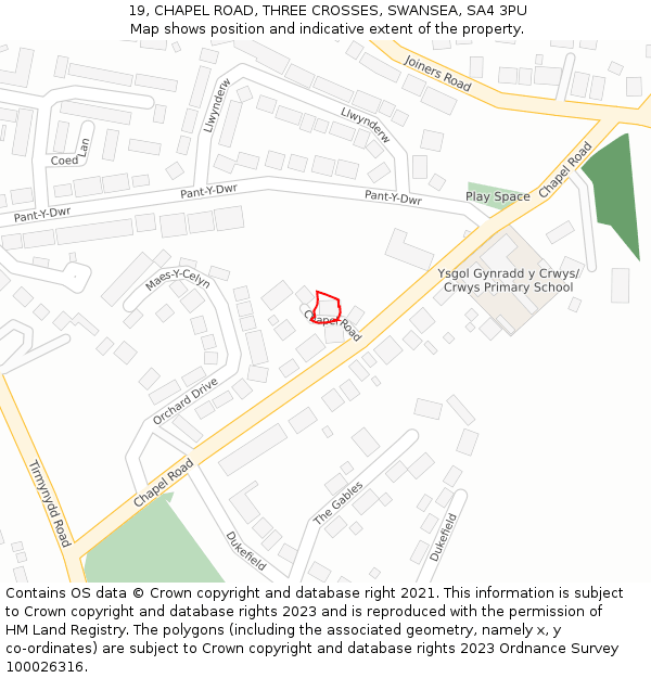 19, CHAPEL ROAD, THREE CROSSES, SWANSEA, SA4 3PU: Location map and indicative extent of plot