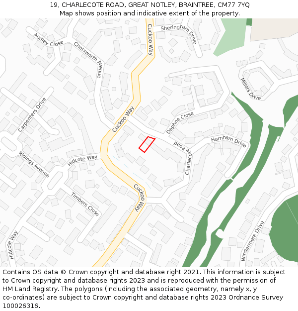 19, CHARLECOTE ROAD, GREAT NOTLEY, BRAINTREE, CM77 7YQ: Location map and indicative extent of plot