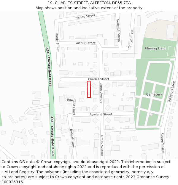 19, CHARLES STREET, ALFRETON, DE55 7EA: Location map and indicative extent of plot