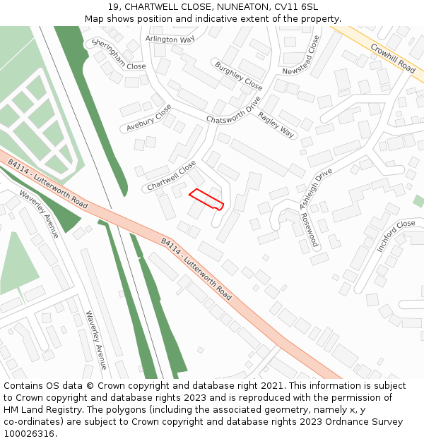 19, CHARTWELL CLOSE, NUNEATON, CV11 6SL: Location map and indicative extent of plot