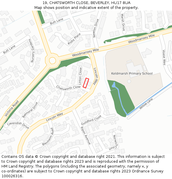 19, CHATSWORTH CLOSE, BEVERLEY, HU17 8UA: Location map and indicative extent of plot