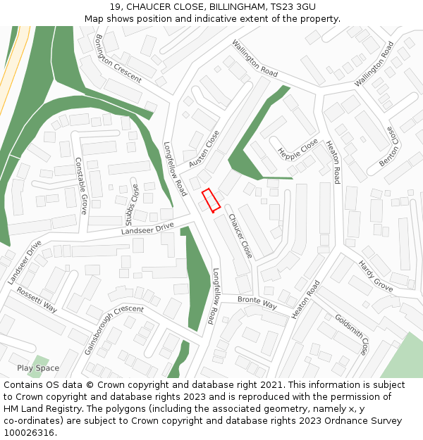 19, CHAUCER CLOSE, BILLINGHAM, TS23 3GU: Location map and indicative extent of plot