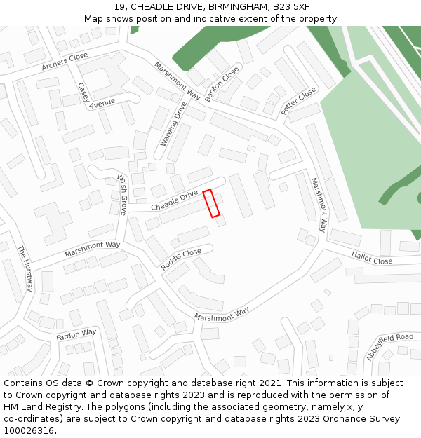 19, CHEADLE DRIVE, BIRMINGHAM, B23 5XF: Location map and indicative extent of plot