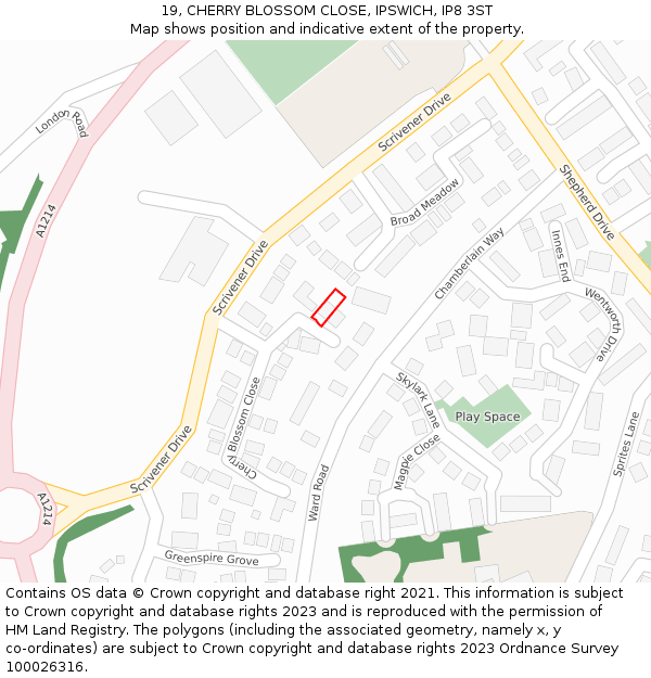 19, CHERRY BLOSSOM CLOSE, IPSWICH, IP8 3ST: Location map and indicative extent of plot