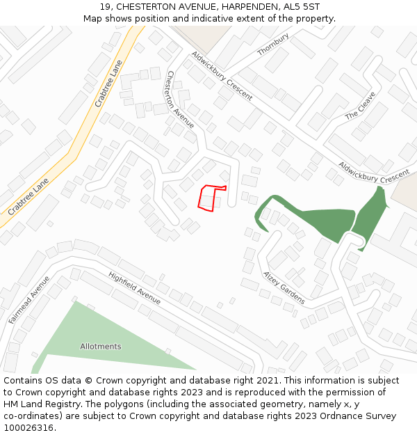 19, CHESTERTON AVENUE, HARPENDEN, AL5 5ST: Location map and indicative extent of plot