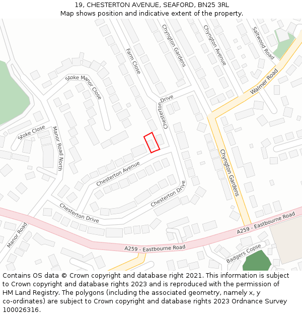 19, CHESTERTON AVENUE, SEAFORD, BN25 3RL: Location map and indicative extent of plot