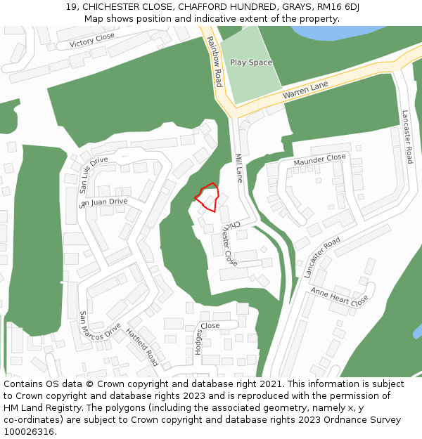 19, CHICHESTER CLOSE, CHAFFORD HUNDRED, GRAYS, RM16 6DJ: Location map and indicative extent of plot