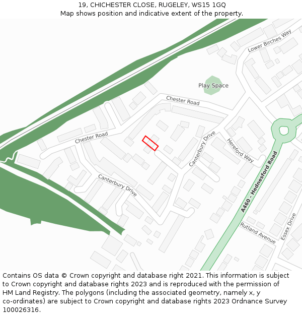 19, CHICHESTER CLOSE, RUGELEY, WS15 1GQ: Location map and indicative extent of plot