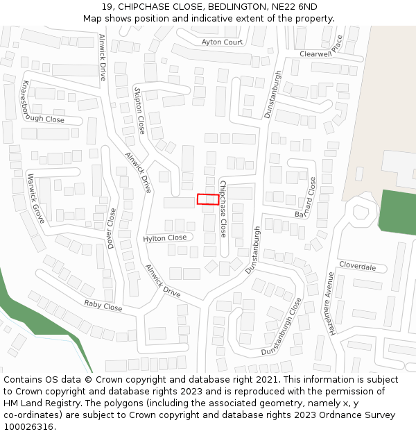 19, CHIPCHASE CLOSE, BEDLINGTON, NE22 6ND: Location map and indicative extent of plot
