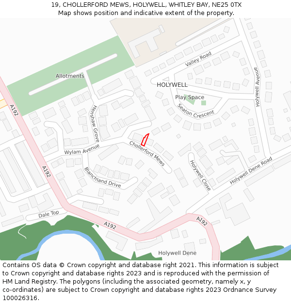 19, CHOLLERFORD MEWS, HOLYWELL, WHITLEY BAY, NE25 0TX: Location map and indicative extent of plot