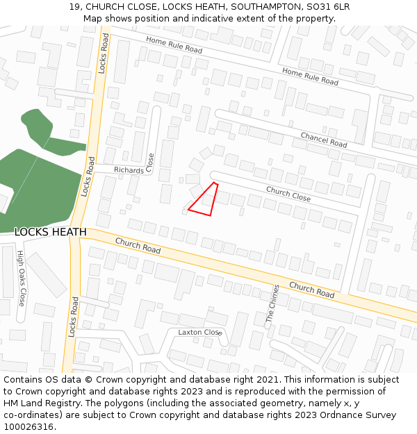 19, CHURCH CLOSE, LOCKS HEATH, SOUTHAMPTON, SO31 6LR: Location map and indicative extent of plot