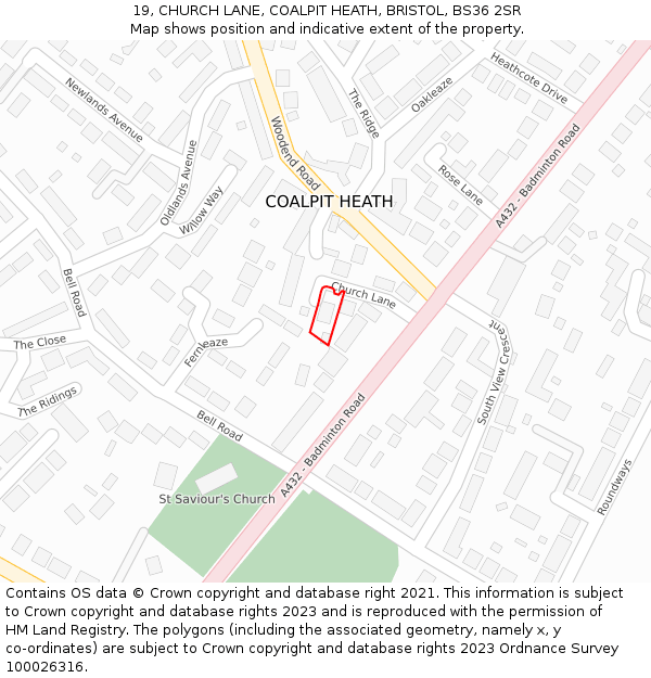 19, CHURCH LANE, COALPIT HEATH, BRISTOL, BS36 2SR: Location map and indicative extent of plot