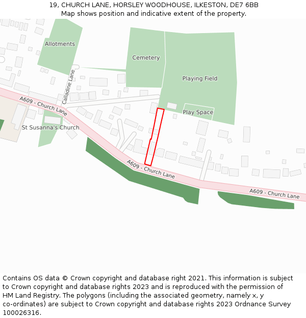 19, CHURCH LANE, HORSLEY WOODHOUSE, ILKESTON, DE7 6BB: Location map and indicative extent of plot
