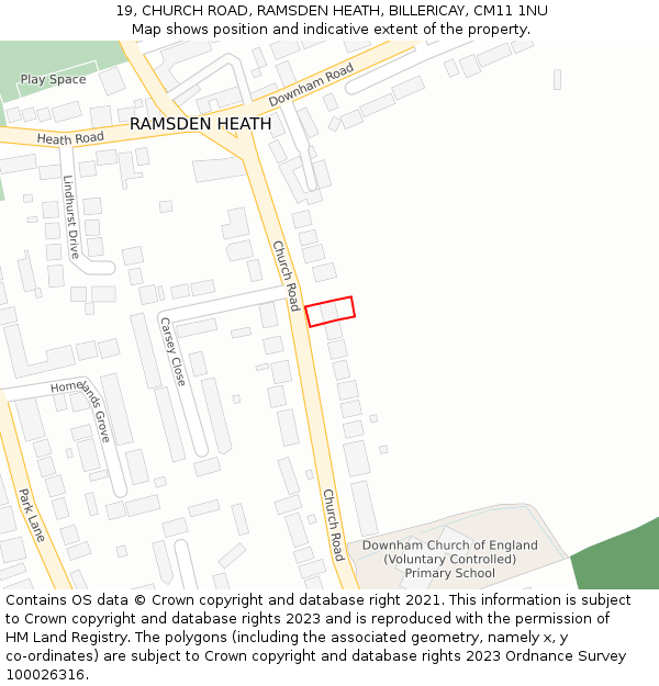 19, CHURCH ROAD, RAMSDEN HEATH, BILLERICAY, CM11 1NU: Location map and indicative extent of plot