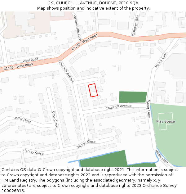19, CHURCHILL AVENUE, BOURNE, PE10 9QA: Location map and indicative extent of plot