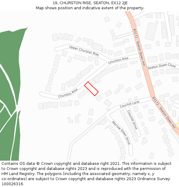 19, CHURSTON RISE, SEATON, EX12 2JE: Location map and indicative extent of plot
