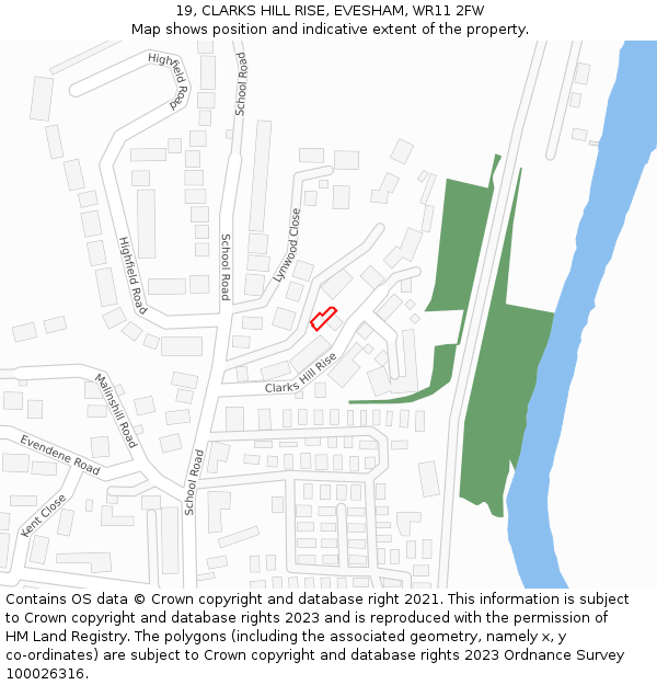 19, CLARKS HILL RISE, EVESHAM, WR11 2FW: Location map and indicative extent of plot