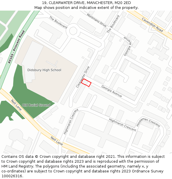 19, CLEARWATER DRIVE, MANCHESTER, M20 2ED: Location map and indicative extent of plot