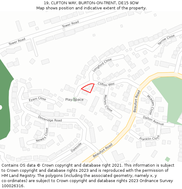 19, CLIFTON WAY, BURTON-ON-TRENT, DE15 9DW: Location map and indicative extent of plot