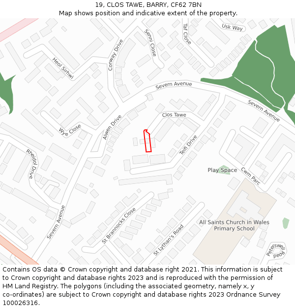 19, CLOS TAWE, BARRY, CF62 7BN: Location map and indicative extent of plot