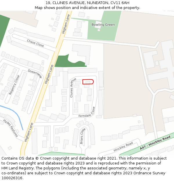 19, CLUNES AVENUE, NUNEATON, CV11 6AH: Location map and indicative extent of plot