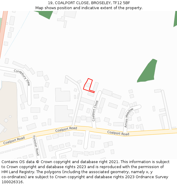 19, COALPORT CLOSE, BROSELEY, TF12 5BF: Location map and indicative extent of plot