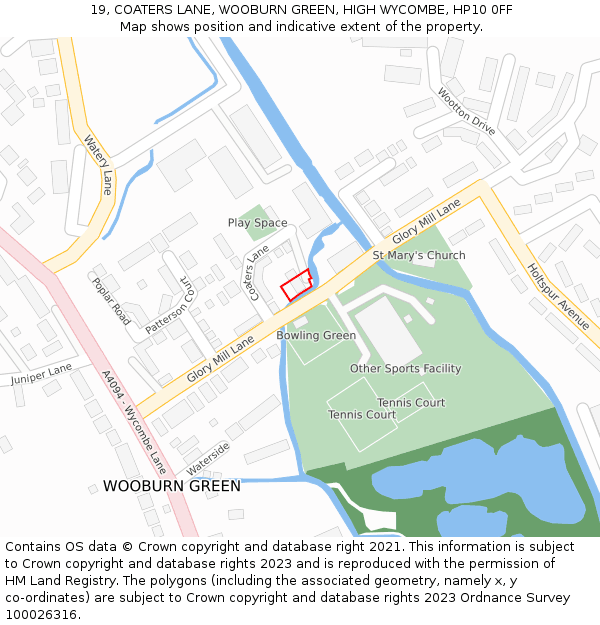 19, COATERS LANE, WOOBURN GREEN, HIGH WYCOMBE, HP10 0FF: Location map and indicative extent of plot