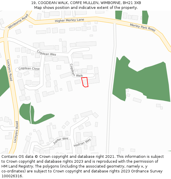 19, COGDEAN WALK, CORFE MULLEN, WIMBORNE, BH21 3XB: Location map and indicative extent of plot