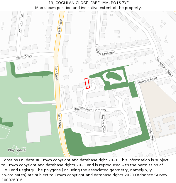 19, COGHLAN CLOSE, FAREHAM, PO16 7YE: Location map and indicative extent of plot